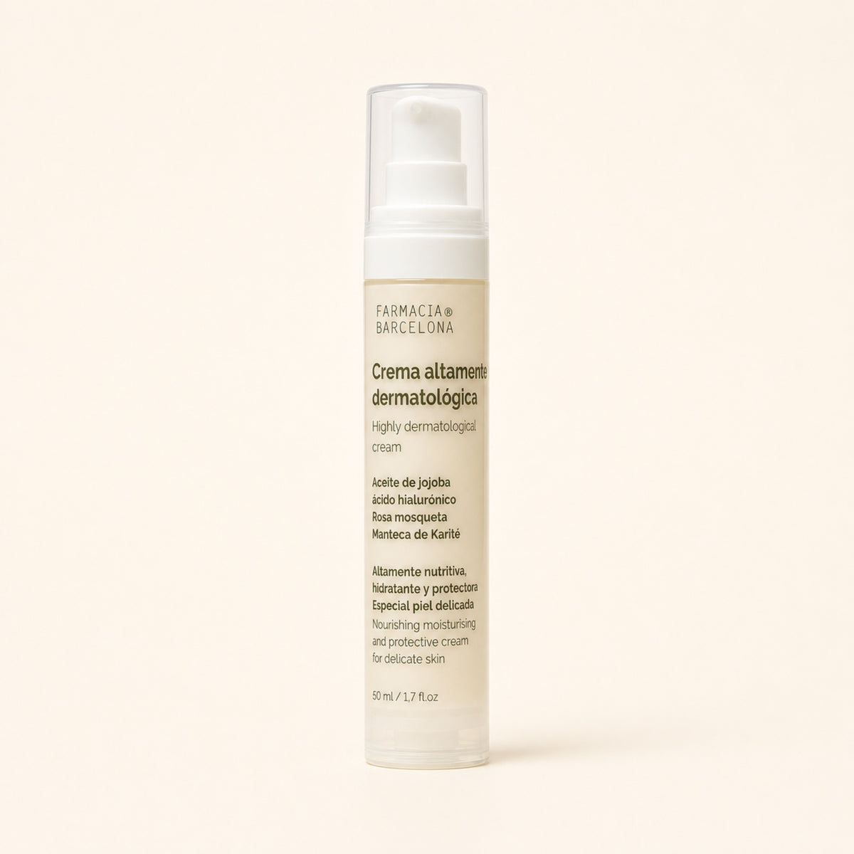 Crema Altamente Dermatológica 50 ml. Vista frontal del producto.
