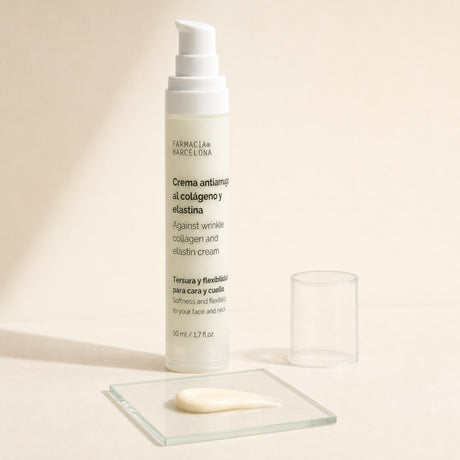 Crema Antiarrugas Colágeno y Elastina 50 ml. Detalle de apertura y textura del producto.