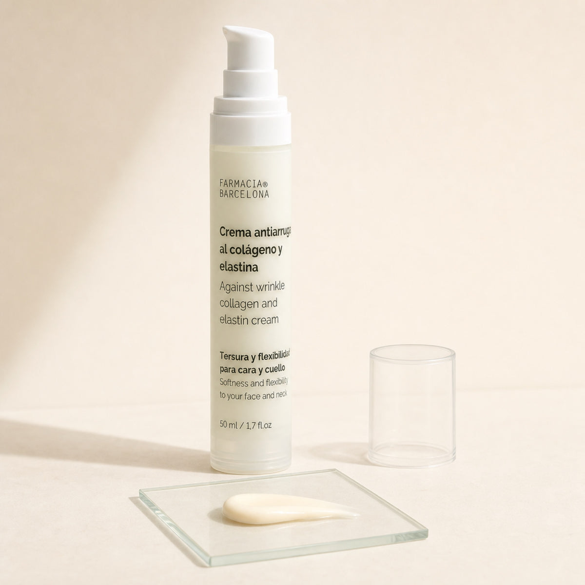 Crema Antiarrugas Colágeno y Elastina 50 ml. Detalle de apertura y textura del producto.