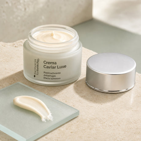 Crema Caviar Luxe 50 ml. Detalle de apertura y textura del producto.