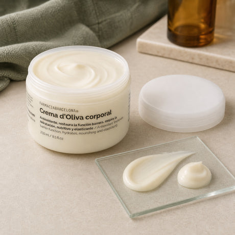 Crema Corporal Oliva 250 ml. Detalle de apertura y textura del producto.
