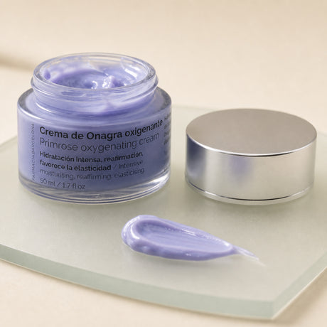 Crema Oxigenante Onagra 50 ml. Detalle de apertura y textura del producto.