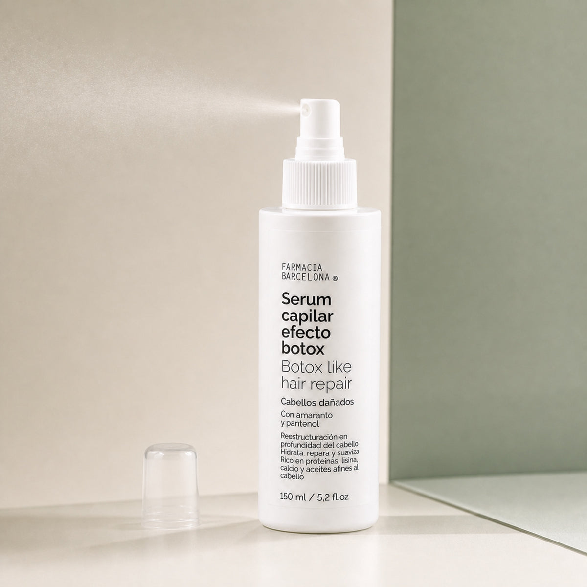 Sérum Capilar Botox 150 ml Spray. Detalle de apertura y textura del producto.