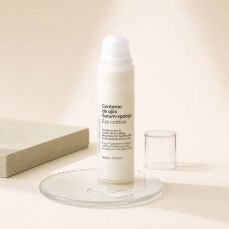 Sérum-Sponge Contorno de Ojos 30 ml. Detalle de apertura y textura del producto.