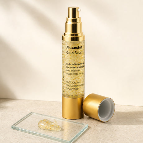 Alexandria Gold Boost Oro y Uva 50 ml. Detalle de apertura y textura del producto.