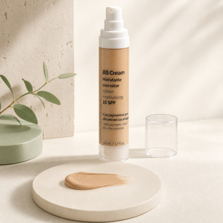 BB Cream 15 FPS 50 ml. Detalle de apertura y textura del producto.