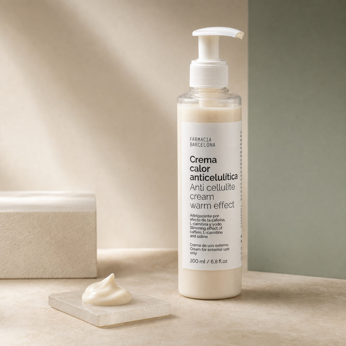 Crema Anticelulítica Calor 200 ml. Detalle de apertura y textura del producto.