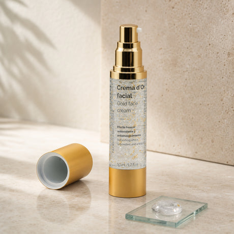 Crema Oro 50 ml. Detalle de apertura y textura del producto.
