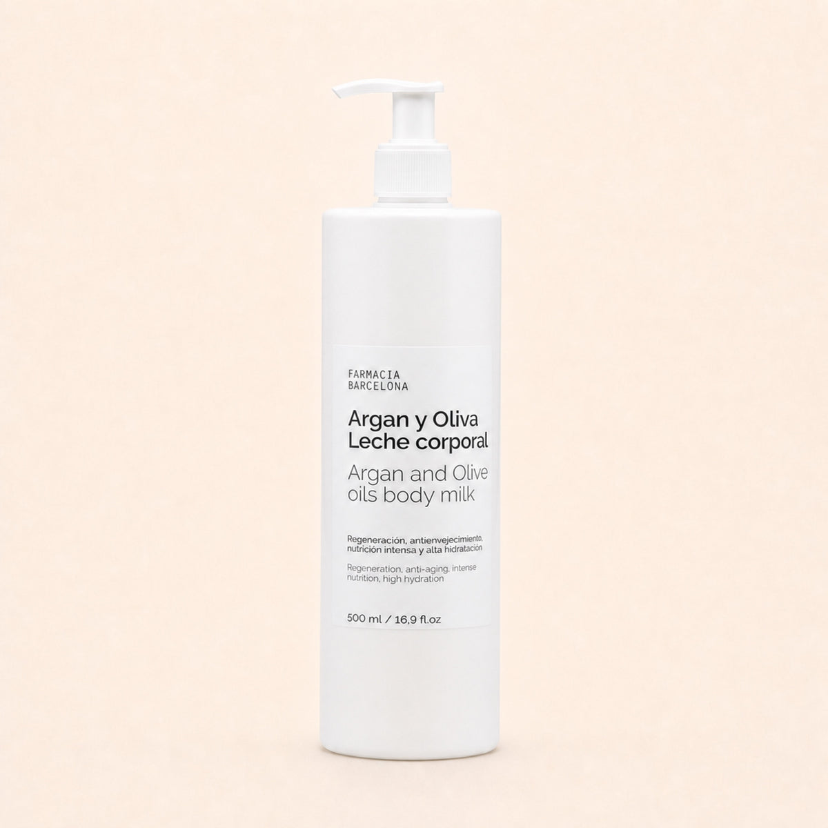 Leche Corporal Argán y Oliva 500 ml. Vista frontal del producto.