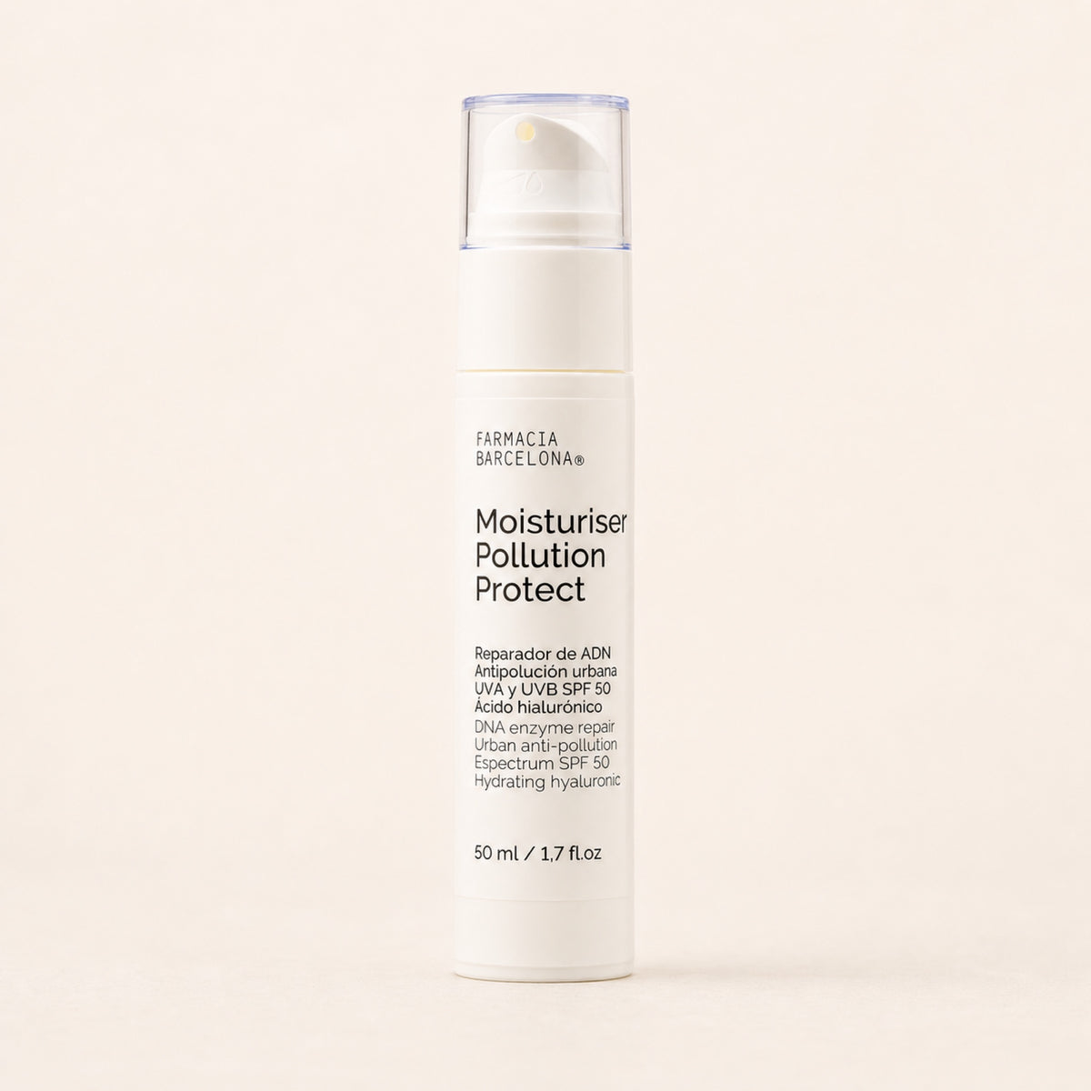 Moisturiser Pollution Protect 50+ 50 ml. Vista frontal del producto.