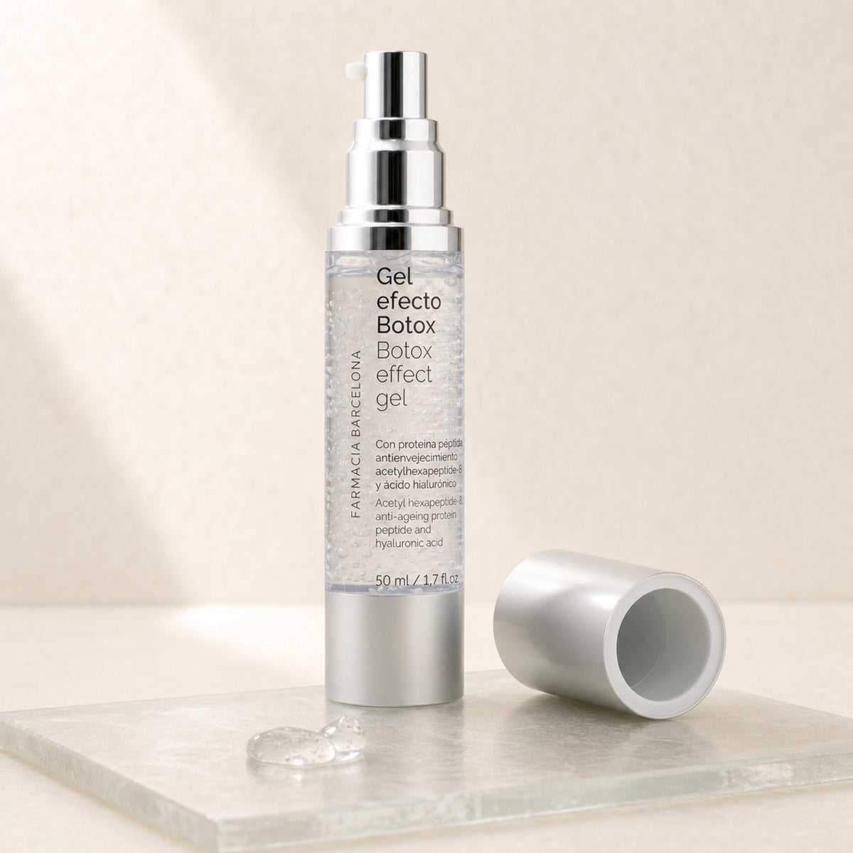 Gel Efecto Botox 50 ml. Detalle de apertura y textura del producto.