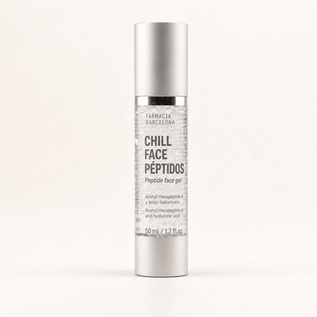 Sérum gel facial Chill Face con péptidos, 50 ml. Vista frontal del envase transparente.